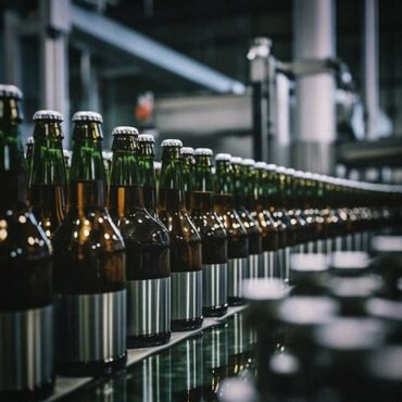 Beer bottles on a bottling line.