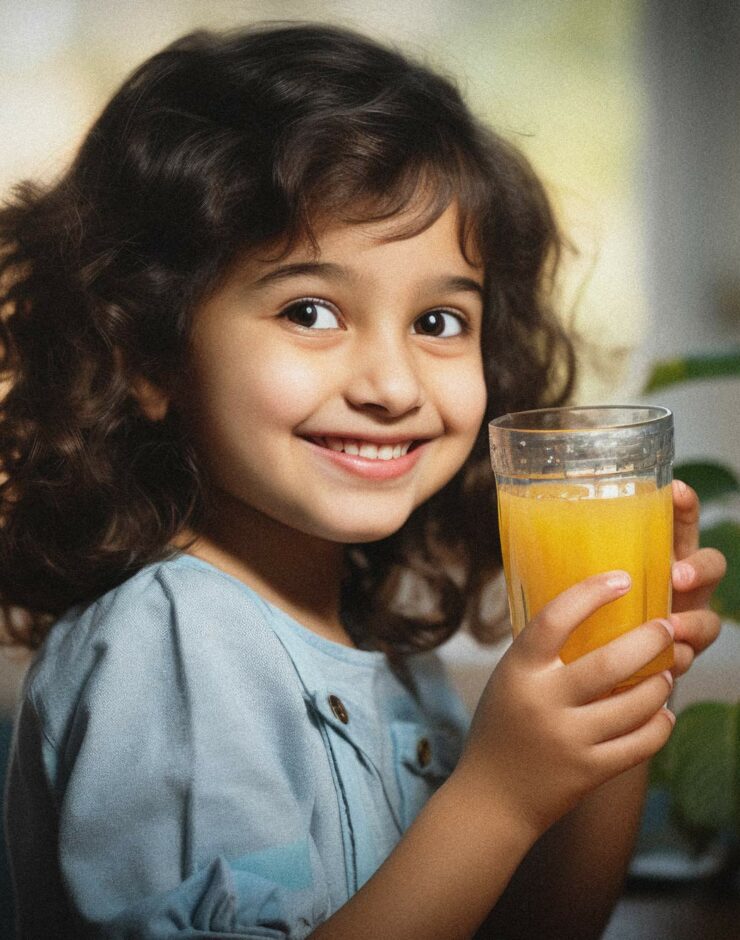 Girl drinking orange juice.