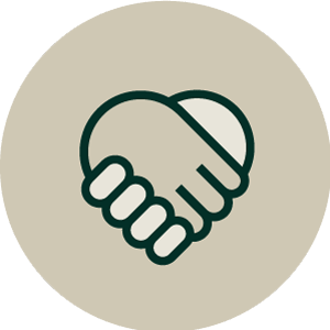 A simple icon of two hands shaking, drawn with dark lines to form a heart shape, on a beige circular background—perfect for an Ingredients Distributor emphasising partnership and trust.
