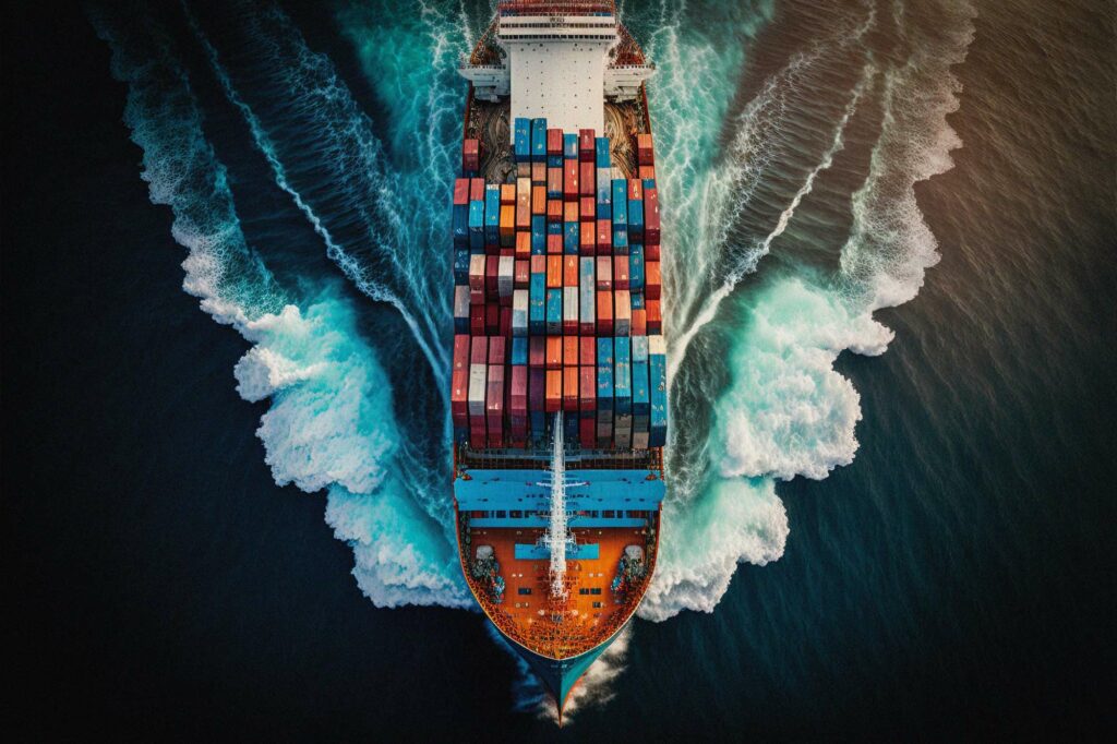 Aerial view of a container ship in the ocean.