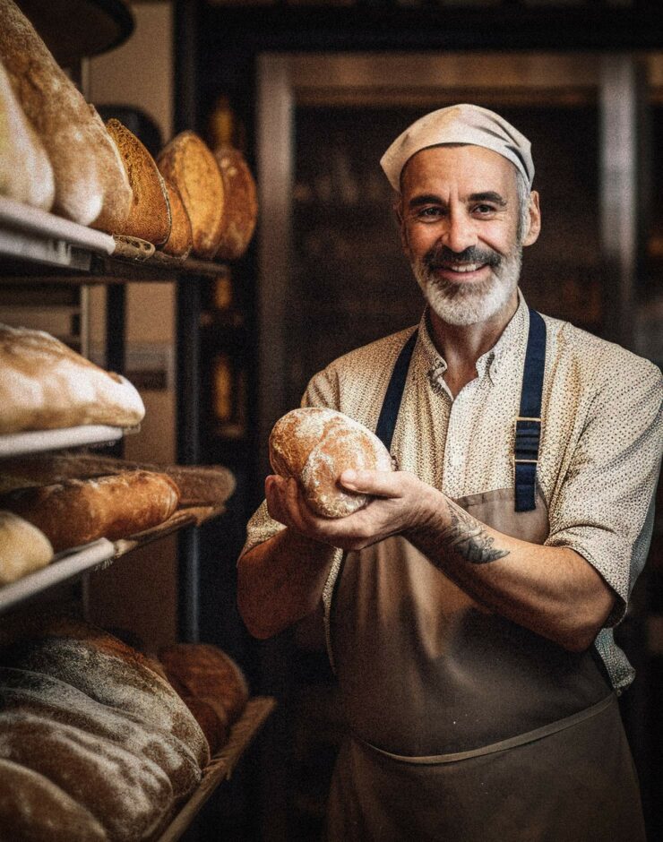 Baker holding a loaf.