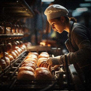 Baker placing fresh loaves on a shelf.