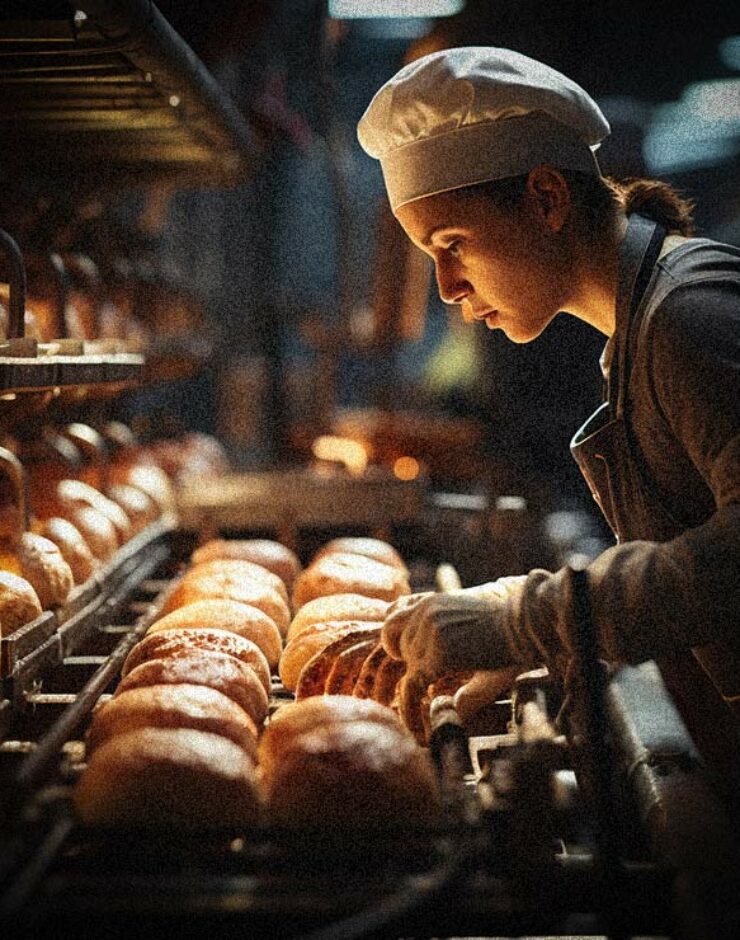 Baker placing fresh loaves on a shelf.