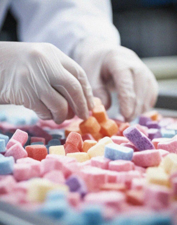 Worker sorting sweets with white gloves on.