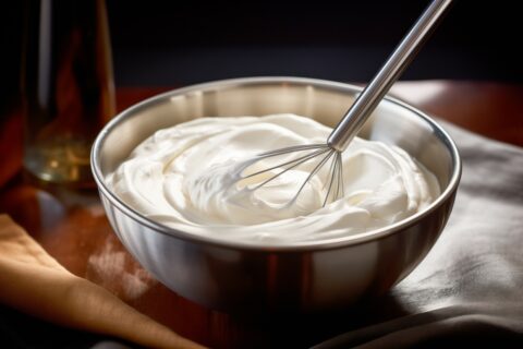 Whipped cream in a metal bowl with a whisk in it.