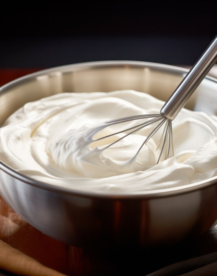 Whipped cream in a metal bowl with a whisk in it.