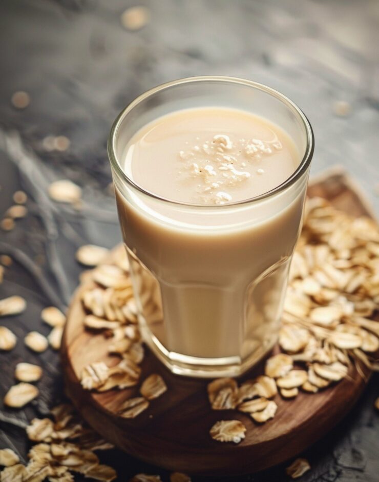 A glass on oat milk surrounded by scattered oats.