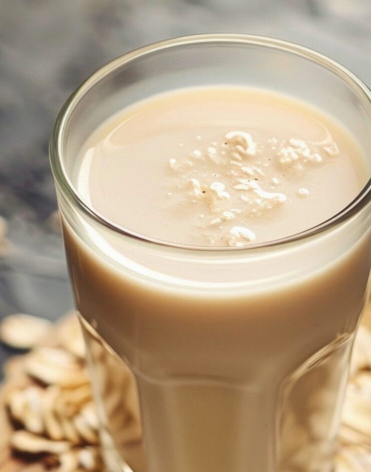 A glass on oat milk surrounded by scattered oats.