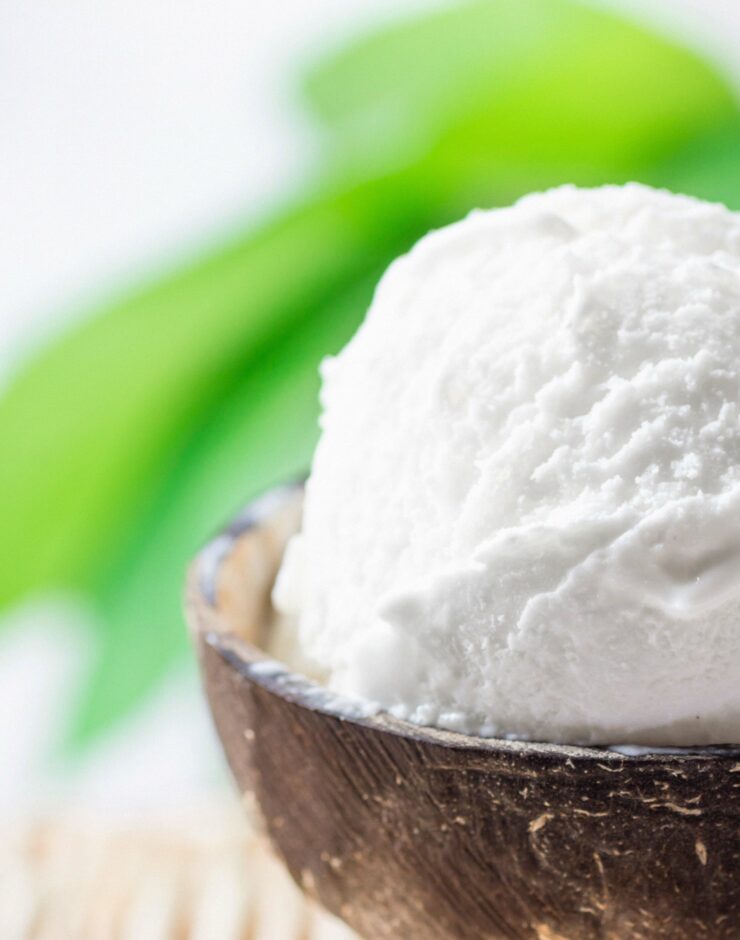Vegan ice cream in a wooden bowl.