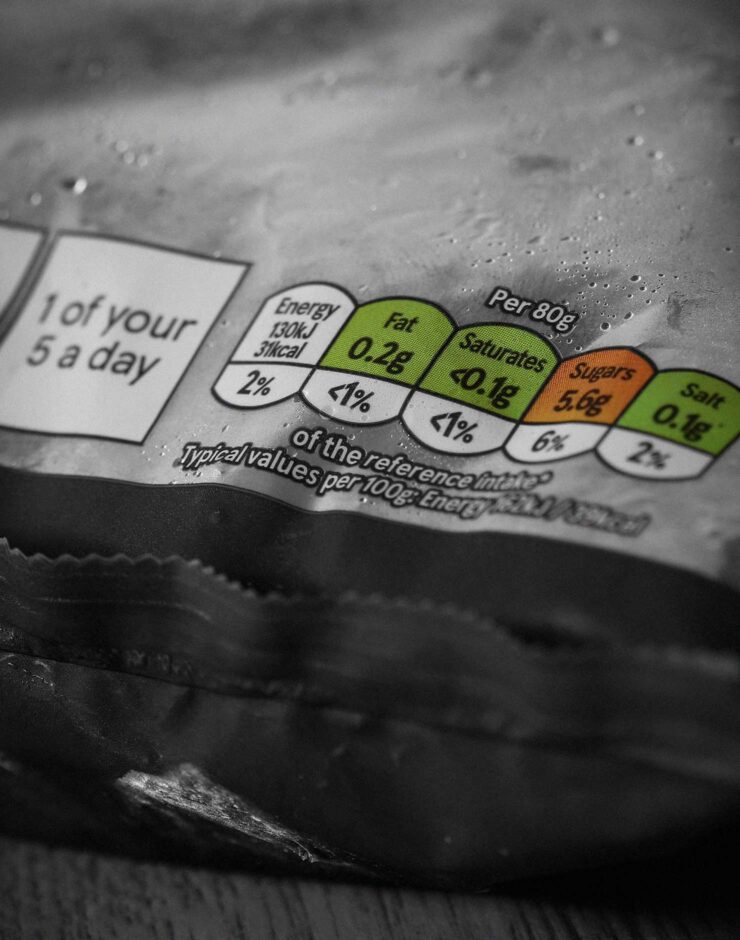 ingredients label on a food product showing HFSS metrics such as sugar, salt and fat.