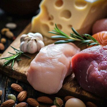 Raw meat on a wooden board with garlic, cheese and rosemary.