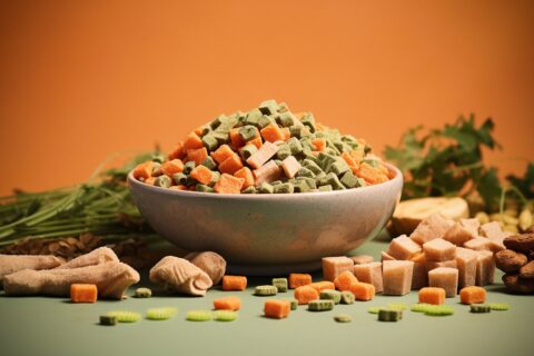 Bowl of vegetarian pet food surrounded by vegetables.
