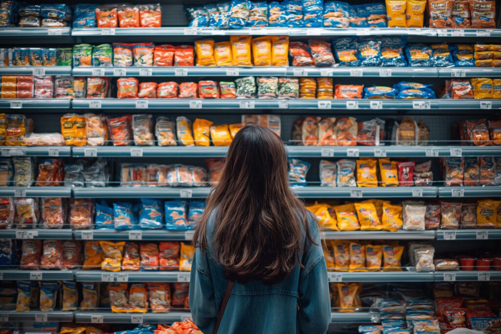 Lady looking up at shop shelf.