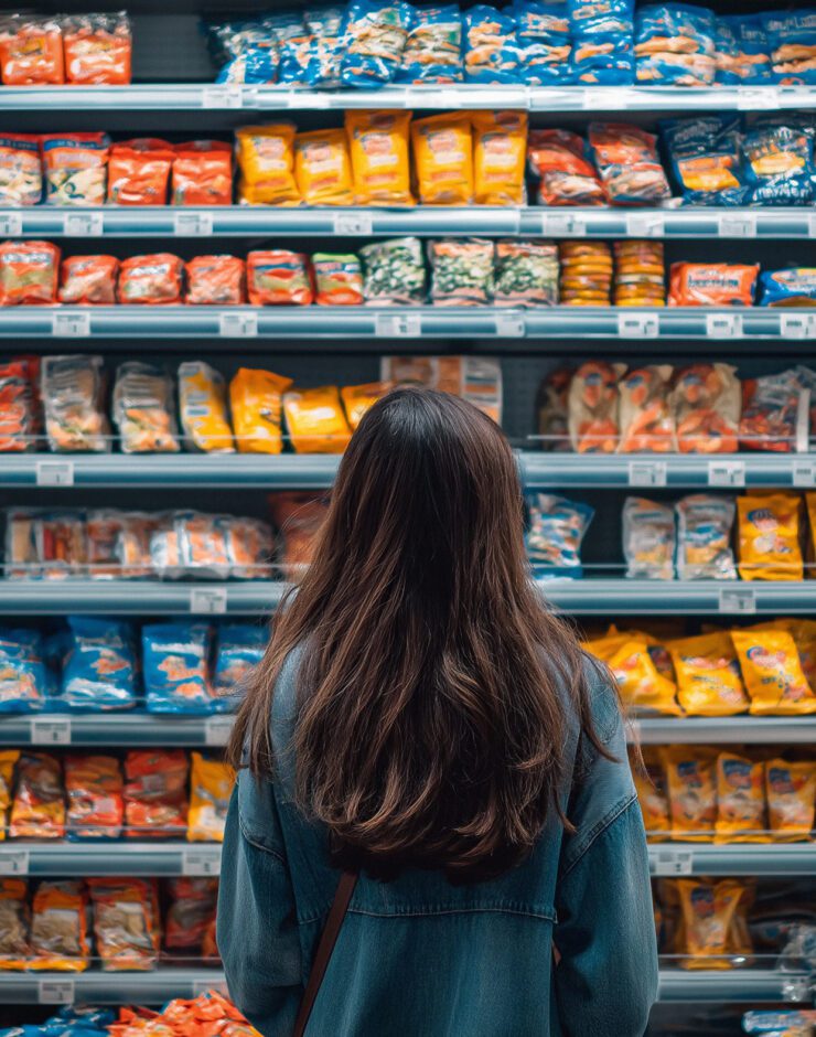 Lady looking up at shop shelf.
