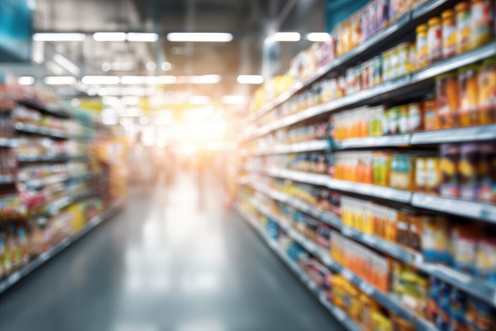 Aisle in a supermarket with shelves stocked with various products, beverages, and HFSS items, blurred view with bright lighting and indistinct people in the background.