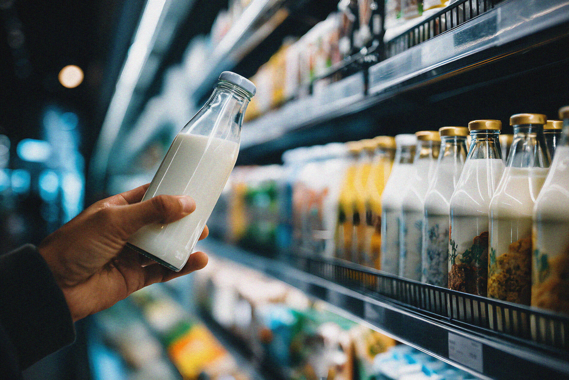 Taking milk from a shelf of the supermarket.