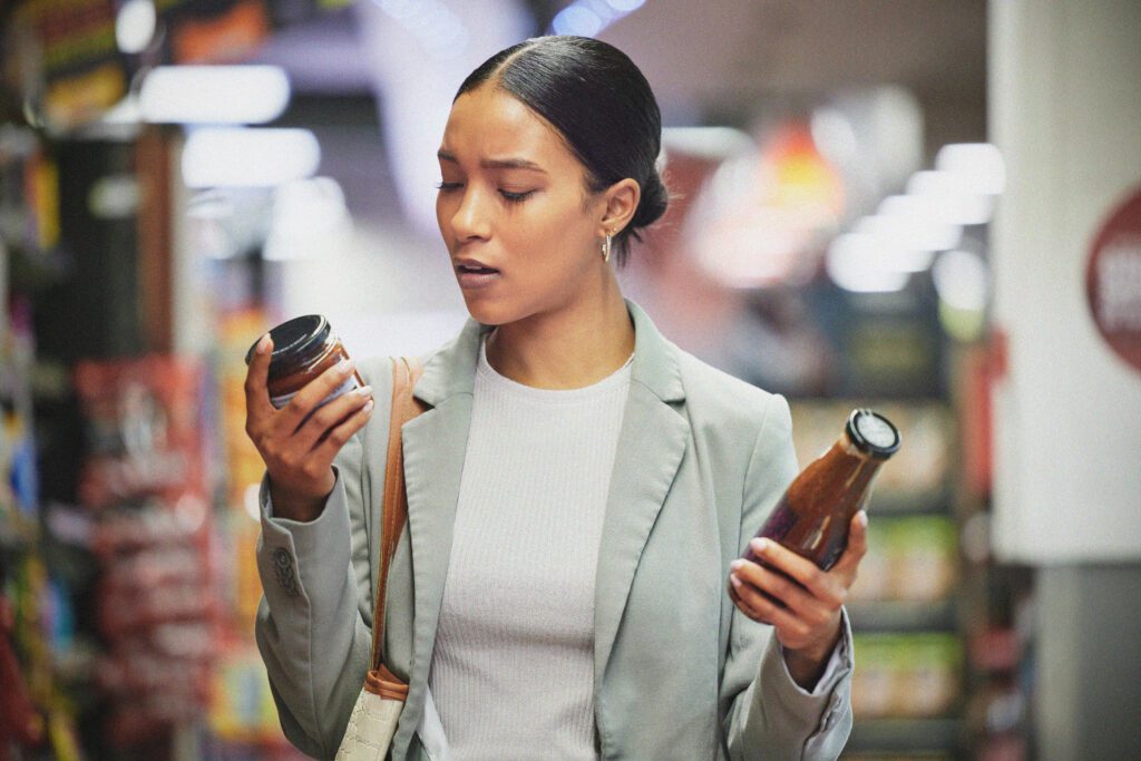 A woman in a shop holds a jar and a bottle, examining the labels intently for E numbers with a thoughtful expression. She is dressed in a light blazer and stands in an aisle lined with shelves of products in the background.