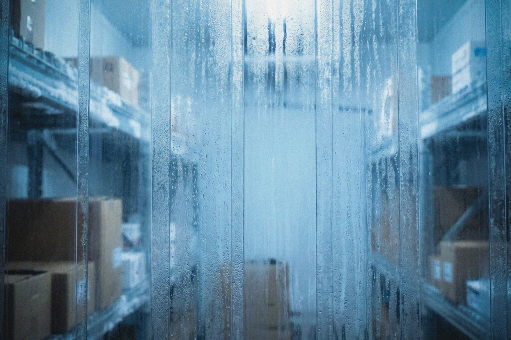 Foggy plastic strip curtains lead into a cold storage room with metal shelves holding cardboard boxes and containers; moisture and condensation are visible on the plastic strips.