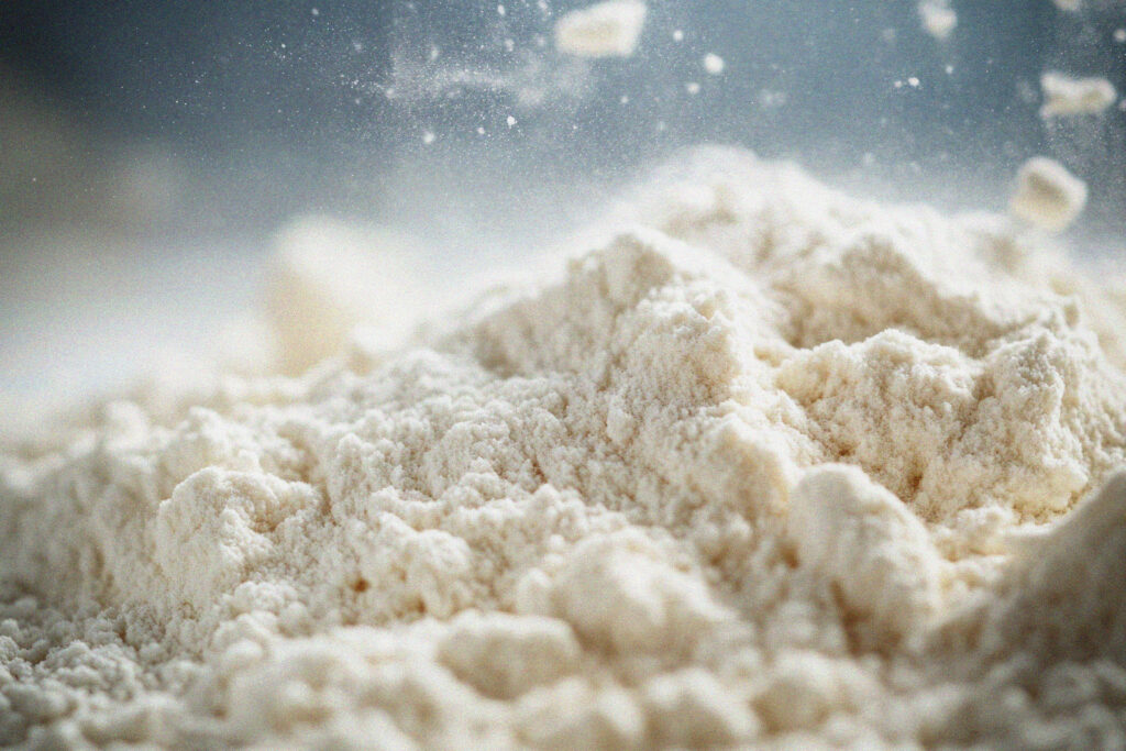 A close-up of a heap of white flour, with fine particles visibly floating in the air above it, against a softly blurred background.