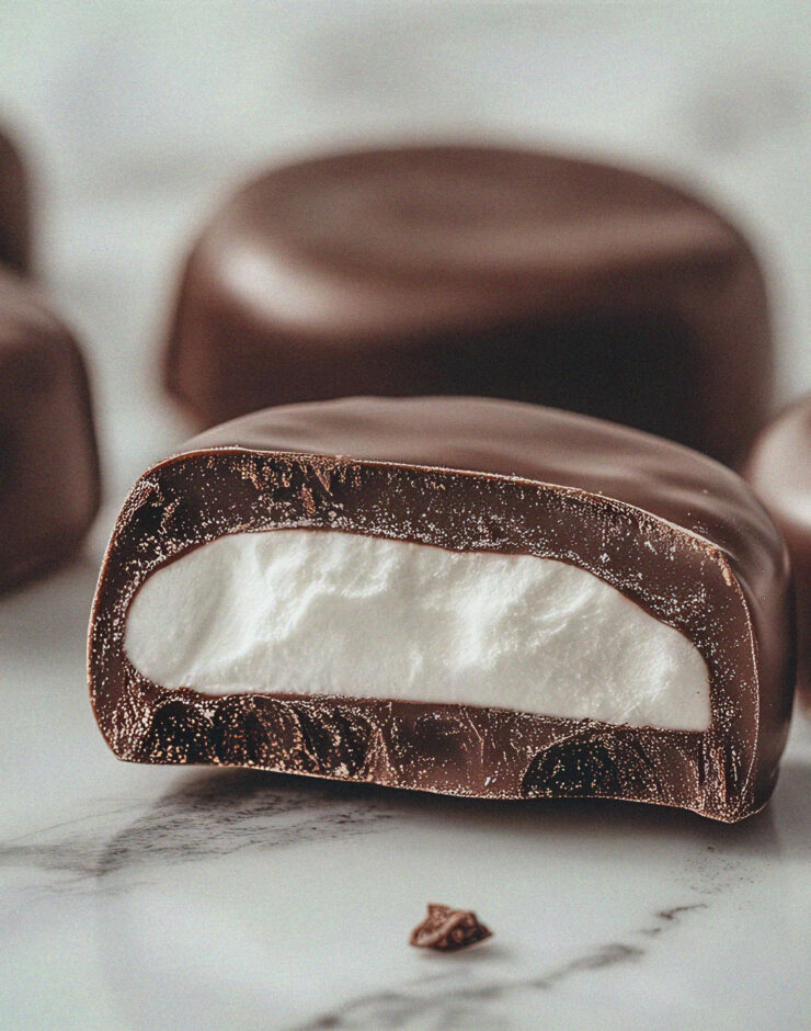Chocolate-covered marshmallow treats are arranged on a marble surface. One treat is cut in half, revealing a fluffy, egg-white filling inside the chocolate shell.