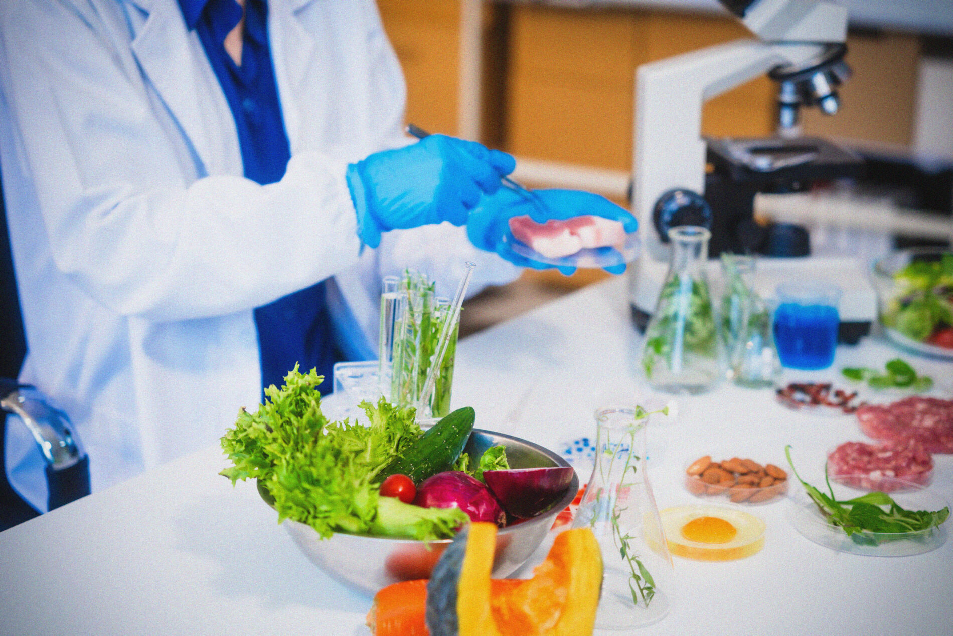 A scientist in a lab coat and blue gloves examines a meat sample near a microscope, with fresh vegetables, nuts, an egg, and laboratory glassware on the table.