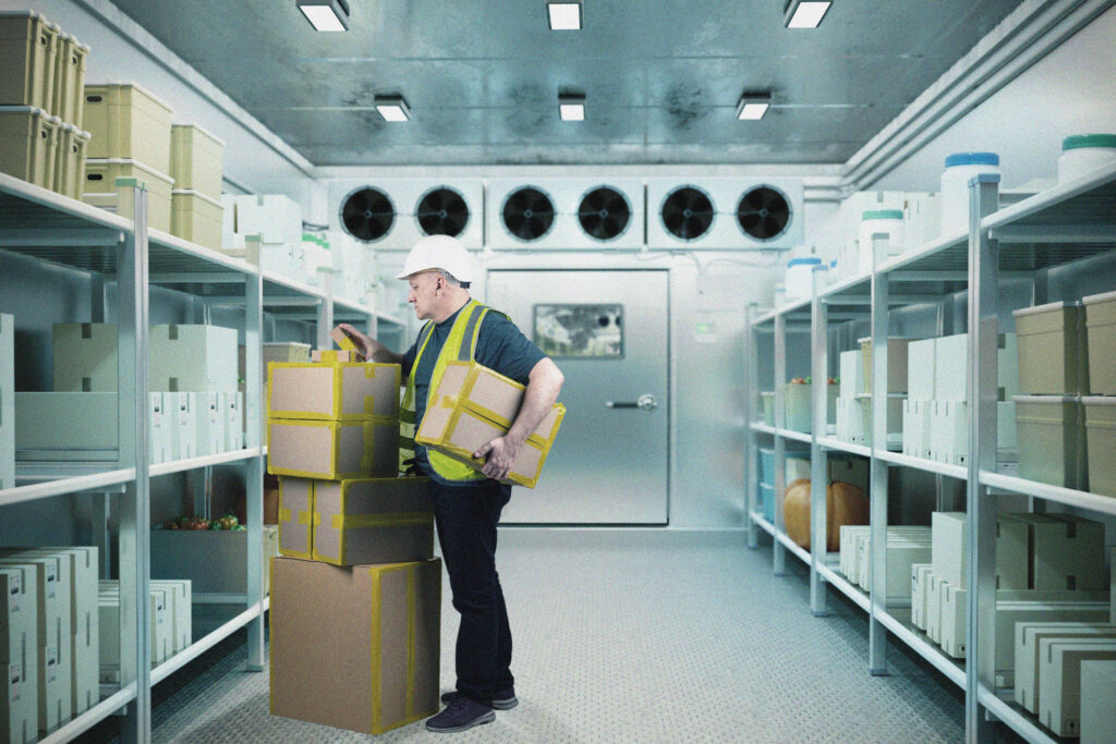 A worker in a safety vest and helmet organises boxes inside a cold storage room with shelves of various containers and a large refrigeration unit on the back wall.