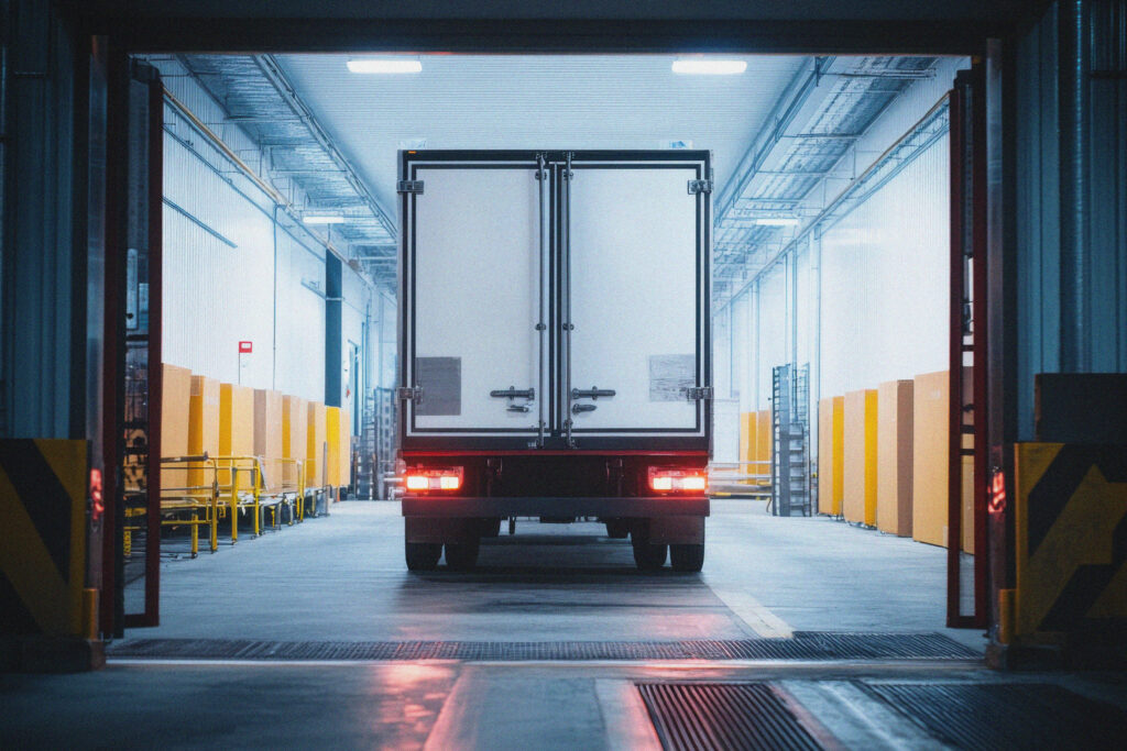 A lorry with closed rear doors is reversed into a loading bay inside a warehouse, with yellow safety barriers lining the walls and industrial lighting overhead.