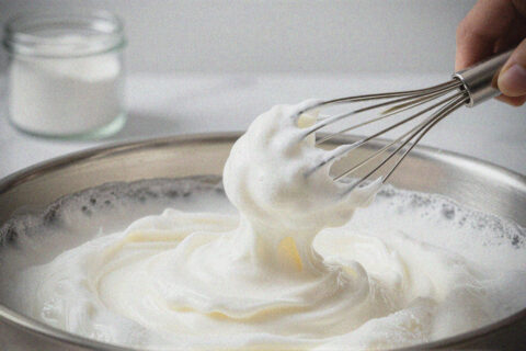 A whisk lifts fluffy, whipped egg whites from a metal bowl, showcasing the light texture of beaten egg, with a small glass jar in the blurred background.