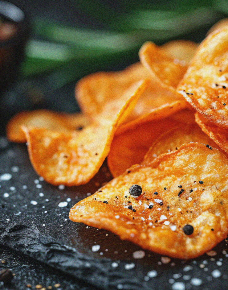 A pile of golden crisps seasoned with salt and peppercorns on a black slate serving board.